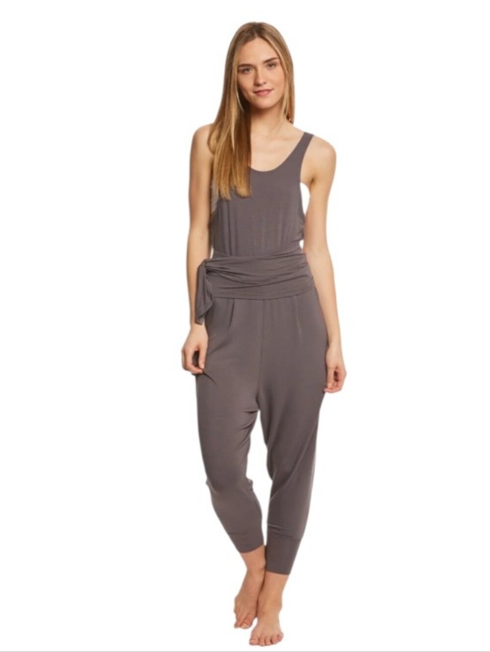 Free People Sleeveless Wrap Waist Jumpsuit in Taupe